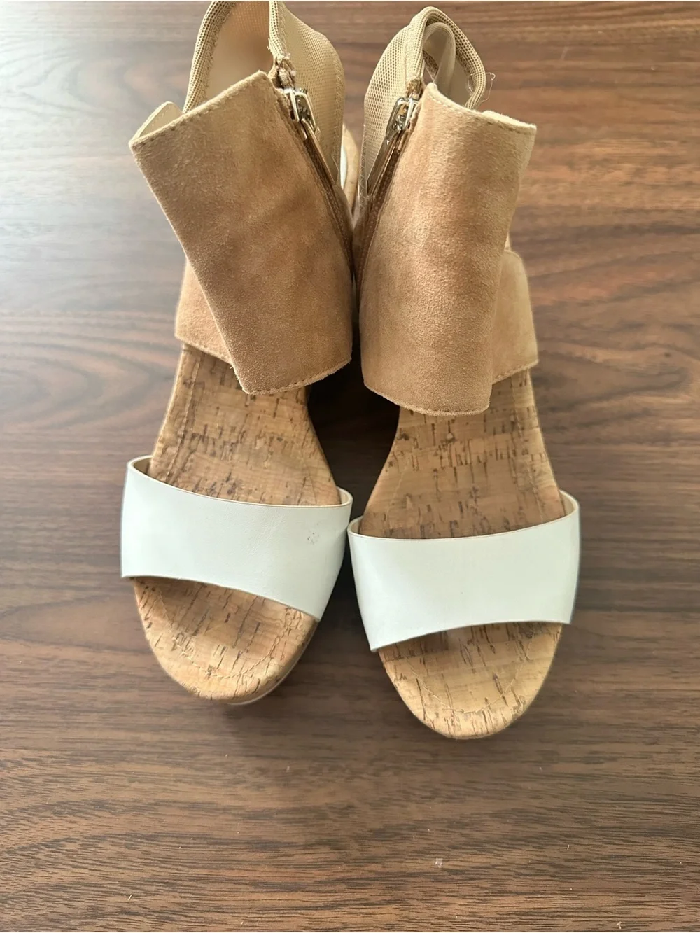 Pelle Moda Tan Suede and White Cork Wedge Heels Size 7